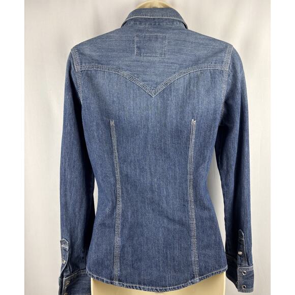 True Religion Rocky Denim Shirt S Western Rhinestone Snap Y2K - Picture 2 of 5